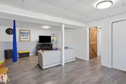 Wood-finish flooring throughout, bright overhead lighting, and a prominent barn door - 