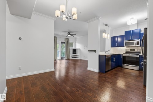 Rich wood-finish flooring throughout, bright white walls, modern chandelier, blue cabinetry, and stainless steel appliances - #210 10121 80 Av Nw, Edmonton, AB 