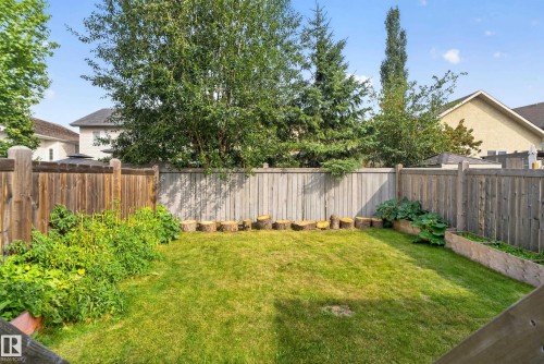 Fenced backyard featuring a manicured lawn, established garden beds, and mature perimeter trees - 17363 120 Street Nw, Edmonton, AB 