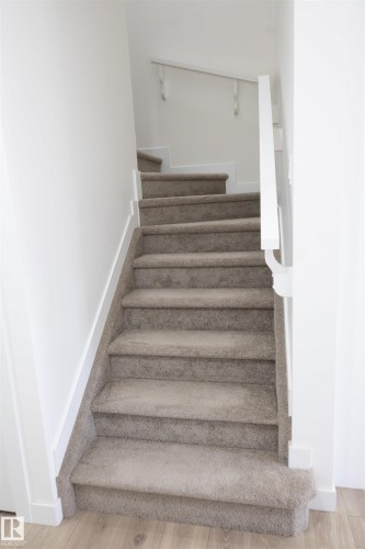 Carpeted stairway featuring a white handrail and white wall trim - #64 2710 66 St Sw Sw, Edmonton, AB 