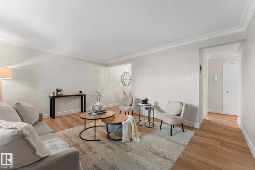 Light-toned wood-finish flooring, crown molding, and neutral wall tones - #106 10735 81 Av Nw, Edmonton, AB 