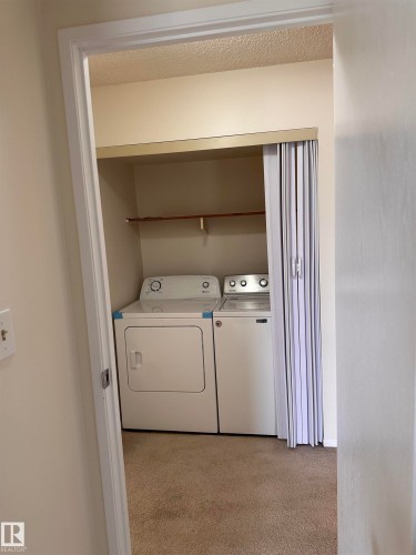 Laundry closet featuring neutral carpeting and a wooden shelf - #132 2703 79 St Nw, Edmonton, AB 