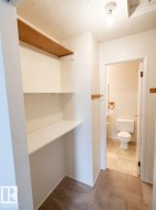 Built-in shelving, carpet flooring, overhead lighting, and an adjacent room with tile flooring - 