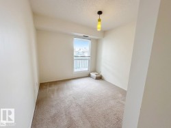 Carpeted room with a single window and an overhead pendant light fixture - 