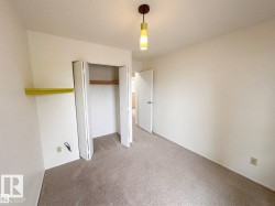 Carpeted flooring, bi-fold closet doors, built-in closet rod, overhead pendant lighting, and a neutral color palette - 