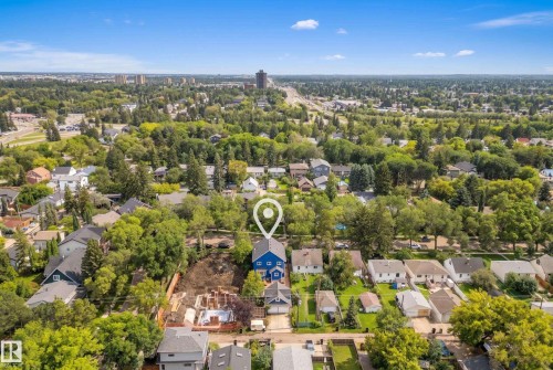 Aerial perspective showcasing a residential area with extensive tree canopy - 11006 64 Avenue Nw, Edmonton, AB 