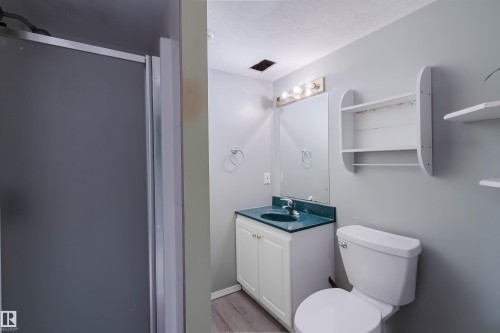 Bathroom featuring a shower stall with frosted panel, white vanity with green countertop, wall-mounted mirror, white toilet, and open shelving - 2439 112 Street Nw, Edmonton, AB - Indoor Photo Showing Bathroom