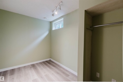 Room featuring light green walls, wood-finish flooring, a high window, track lighting, and a built-in closet with a hanging rod - 2439 112 Street Nw, Edmonton, AB - Indoor Photo Showing Other Room