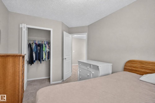Soft gray wall paint with textured ceiling, bi-fold closet doors, and neutral carpet flooring - 21312 48 Avenue Nw, Edmonton, AB 