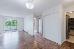 Wood-finish flooring, sliding glass door to exterior, ceiling-mounted light fixture, sliding closet doors, and stacked laundry appliances - 