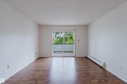 Wood-finish flooring, white walls, and a sliding glass door with a privacy screen - 