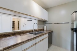 Upper and lower white cabinetry, double basin stainless steel sink with a gooseneck faucet, composite countertop, and stainless steel refrigerator - 