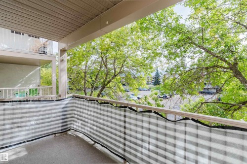 Balcony with concrete flooring and a striped privacy screen - #316 17109 67 Av Nw, Edmonton, AB 