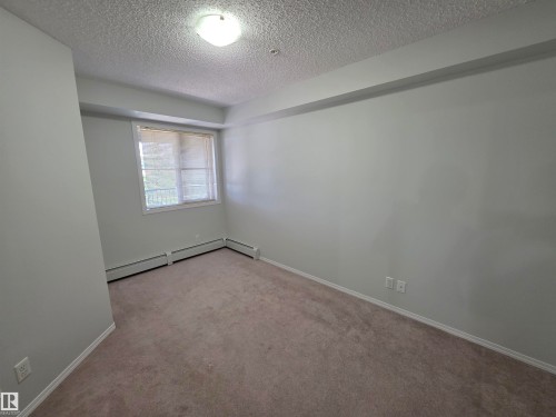 Neutral carpeting, light gray wall paint, window with horizontal blinds, baseboard heating, ceiling-mounted light fixture - #206 12045 22 Av Sw, Edmonton, AB 