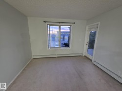 Carpeted flooring, single pane window, exterior door with glass insert, wall-mounted heating units - 