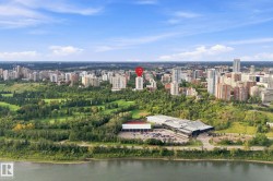 Riverside setting with urban skyline, surrounding green spaces, and a prominent high-rise structure - 