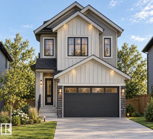 Contemporary exterior featuring board and batten siding, stone facade accents, a dark-paneled garage door with windows, and a concrete driveway - 1095 Starling Drive Nw, Edmonton, AB 