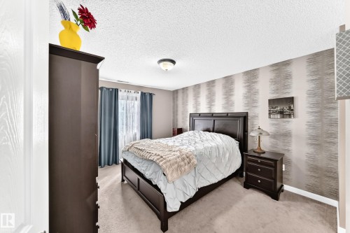 Plush carpet flooring, patterned accent wall, ceiling-mounted light fixture, and window with curtains - #418 279 Suder Greens Dr Nw, Edmonton, AB 