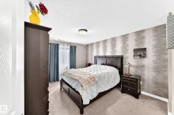 Plush carpet flooring, patterned accent wall, ceiling-mounted light fixture, and window with curtains - 