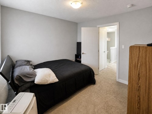 Neutral tone wall paint, flush mount ceiling light fixture, carpet flooring, solid core interior door, and a dedicated smoke detector - 13309 128 Street Nw, Edmonton, AB 