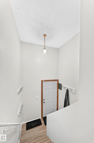 White paneled door with wood-finish trim, brass-finish pendant lighting, and light wood-finish flooring - 12721 117 Street Nw, Edmonton, AB 