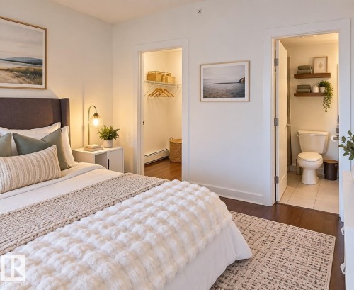 Wood-finish flooring throughout, featuring a bedroom with an integrated closet and an attached bathroom with tiled flooring and floating wood shelves - #605 10152 104 St Nw, Edmonton, AB 
