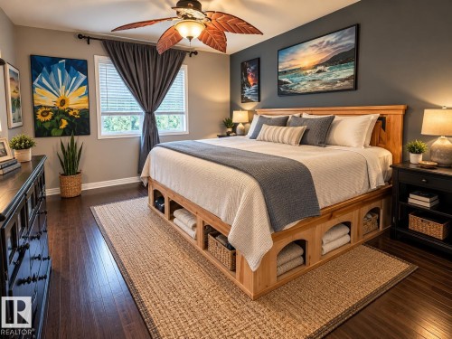 Dark wood-finish flooring, built-in bed frame storage, window with blinds, and ceiling fan with integrated lighting - 16893 58A Street Nw, Edmonton, AB 