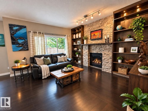 Gas fireplace with a stone surround, built-in shelving with integrated lighting, dark wood-finish flooring, and sliding glass doors - 16893 58A Street Nw, Edmonton, AB 