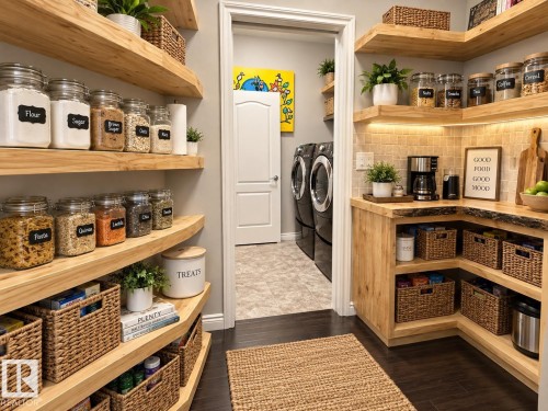 Spacious pantry featuring extensive wood-finish open shelving, built-in cabinetry with natural wood countertops, and integrated under-shelf lighting - 16893 58A Street Nw, Edmonton, AB 