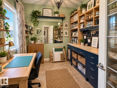 Dedicated workspace featuring extensive built-in shelving, a large wood-finish countertop, and integrated storage cabinetry - 16893 58A Street Nw, Edmonton, AB 