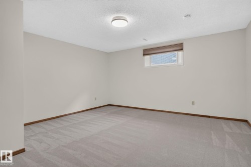 Expansive room featuring light gray carpet, neutral wall tones, warm wood trim, a window with a roller shade, and a flush-mount ceiling light fixture - 12121 42 Street Nw, Edmonton, AB - Indoor Photo Showing Other Room