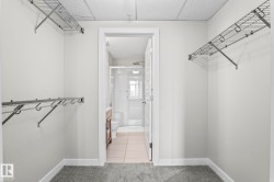 Walk-in closet with carpet flooring, wire shelving, and direct access to a bathroom featuring a glass-enclosed shower, a vanity with wood-finish cabinetry, and tile flooring - 