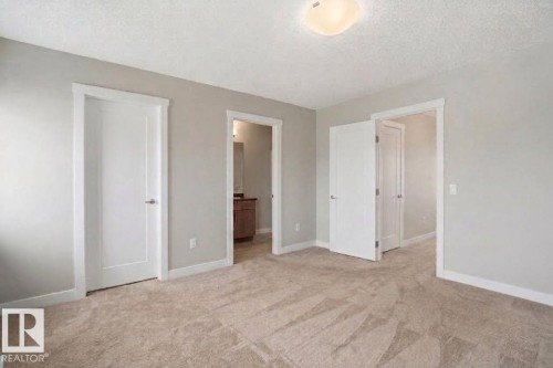 Neutral tone wall paint, textured ceiling, flush mount ceiling light fixture, carpeted flooring, white trim and doors - #12 1391 Starling Dr Nw, Edmonton, AB 