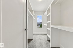 Built-in closet shelving and hanging rods, neutral wall-to-wall carpeting, and a window providing natural illumination - 