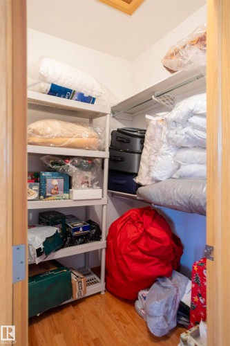 Walk-in closet with wood-finish flooring, white walls, and built-in wire shelving - 6407 163 Avenue Nw, Edmonton, AB 