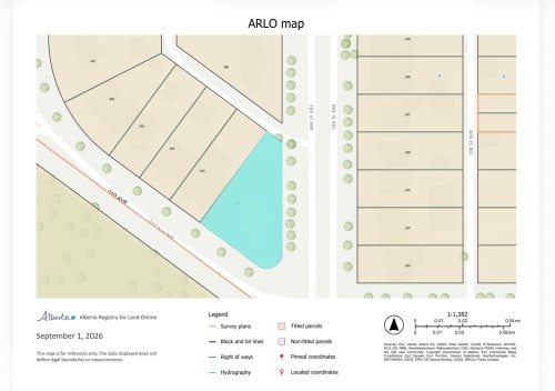ARLO Map. Cadastral survey plan depicting lot divisions, parcel boundaries, easements, and site features for the subject property as of September 1, 2026 - 11008 109 Street Nw, Edmonton, AB 