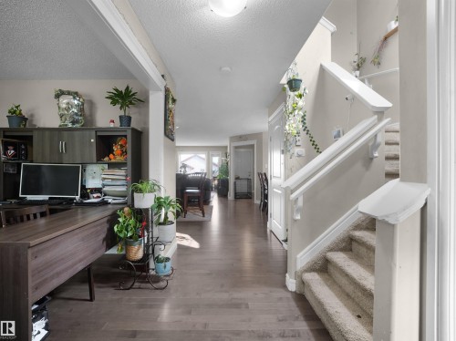 Entryway featuring wood-finish flooring extending throughout, a carpeted staircase with white railings, and an open concept layout - 1216 29 Avenue Nw, Edmonton, AB - Indoor