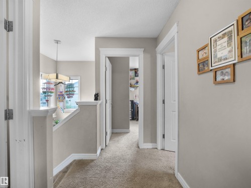 Carpeted hallway featuring light neutral wall tones, white trim, and white doors - 1216 29 Avenue Nw, Edmonton, AB - Indoor Photo Showing Other Room