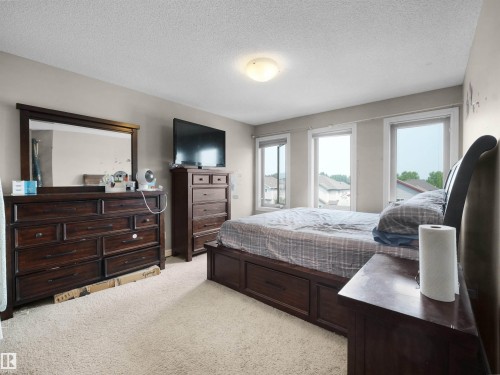 Carpeted room featuring multiple windows with trim, a ceiling-mounted light fixture, and neutral wall tones - 1216 29 Avenue Nw, Edmonton, AB - Indoor Photo Showing Bedroom