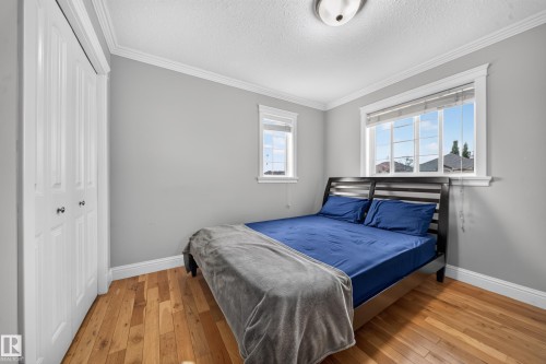 Hardwood flooring, painted walls, crown molding, white trim, and a ceiling light fixture - 6904 18 Avenue Sw, Edmonton, AB 