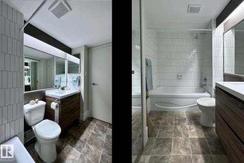 Full bathroom with a white vanity and integrated sink, a large mirror, a toilet, a bathtub with a shower, and light-toned tile flooring - #2005 10149 Saskatchewan Dr Nw, Edmonton, AB 