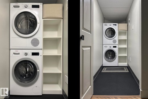 Dedicated utility area featuring a stackable washer and dryer, built-in shelving, and dark-toned flooring - #2005 10149 Saskatchewan Dr Nw, Edmonton, AB 