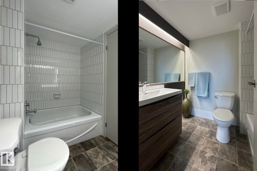 Bathroom featuring a tiled shower enclosure, a single vanity with a rectangular sink, wood-finish cabinetry, and a full-width mirror with integrated lighting - #2005 10149 Saskatchewan Dr Nw, Edmonton, AB 