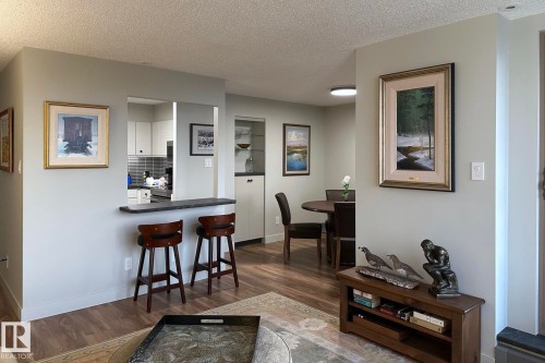 Wood-finish flooring throughout, light-toned wall paint, and a pass-through window with a built-in counter - #2005 10149 Saskatchewan Dr Nw, Edmonton, AB 
