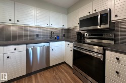 Kitchen featuring white louvered cabinetry, stainless steel appliances, dark countertops, a horizontal tile backsplash, and wood-finish flooring - 