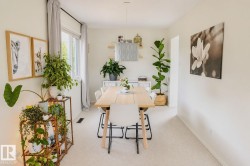 Light-toned wall finishes, carpeted flooring, and a large window with drapes - 