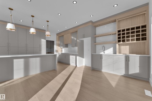 Recessed lighting, wood-finish flooring, light gray cabinetry, built-in wine storage, and a large central island - 226 Linden Loop, Leduc, AB 