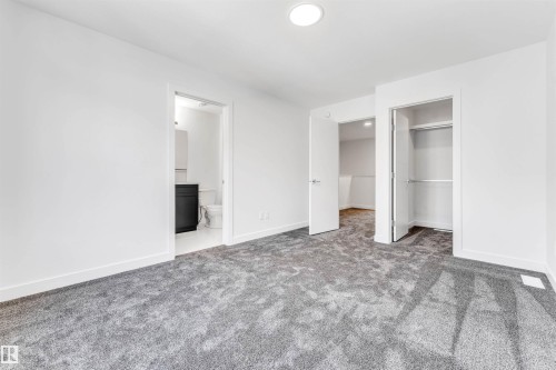 Plush grey carpeting, white interior doors, and a built-in closet with hanging rods - #48 710 Mattson Dr Sw Sw, Edmonton, AB 