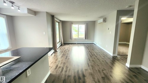 Spacious main living area featuring dark wood-finish flooring, light grey walls, and abundant natural light from multiple windows - #101 11803 22 Av Sw, Edmonton, AB 