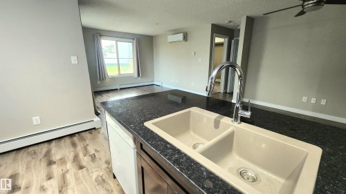 Kitchen island with dark countertop, dual basin sink, and gooseneck faucet - #101 11803 22 Av Sw, Edmonton, AB 